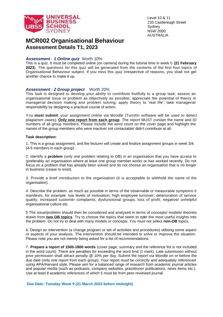 Assessment Details for MCR002 Organisational Behaviour T1 2023