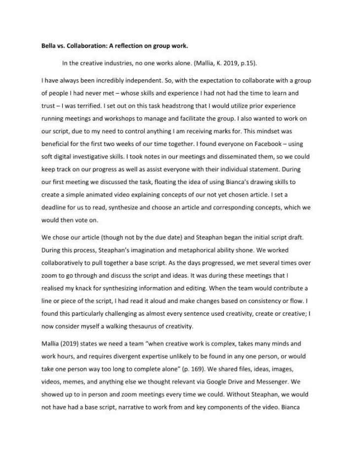 Group Work Reflection in Creative Industries
