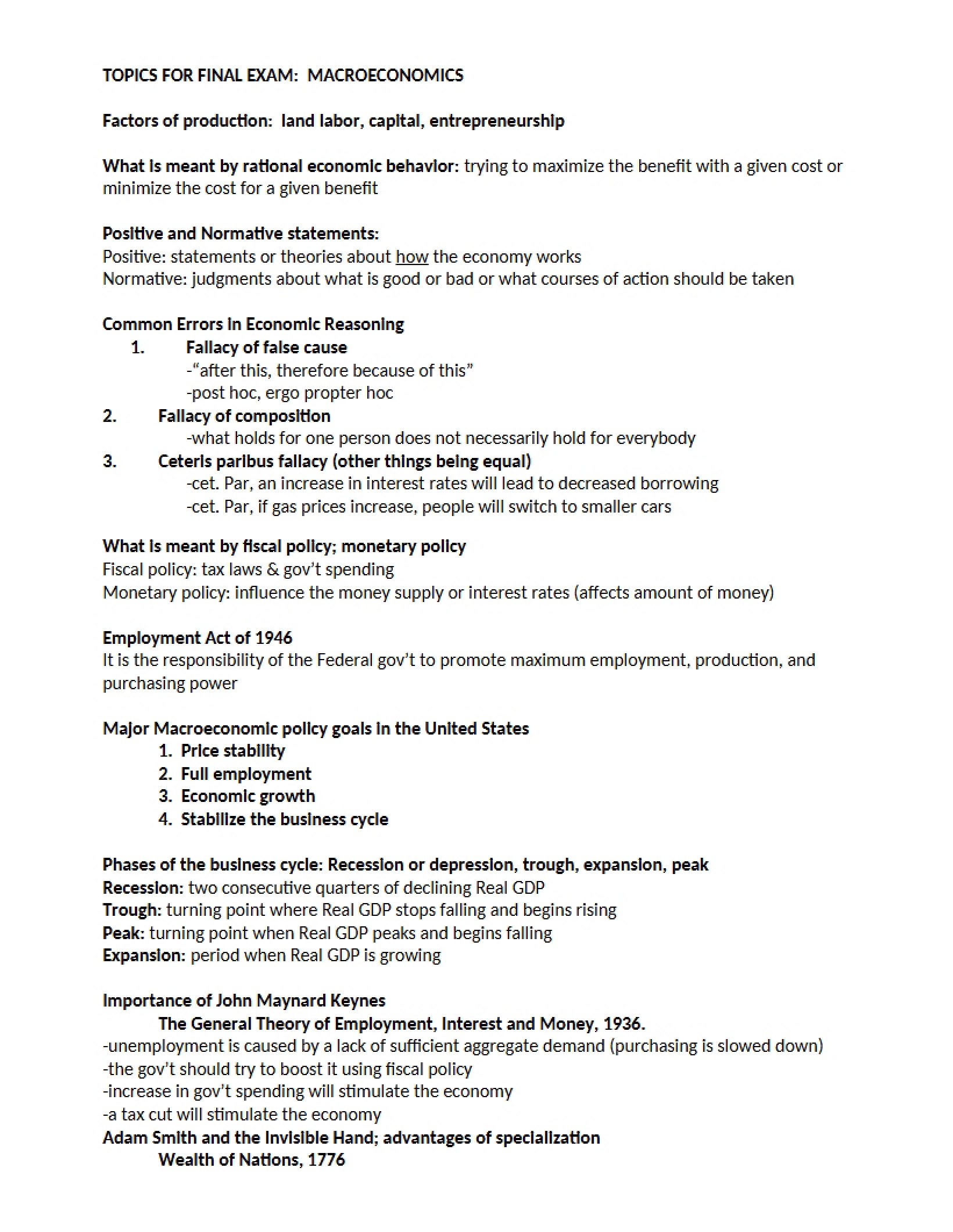 Macroeconomics Final Exam Topics