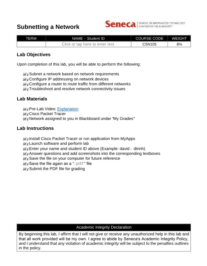 Network Subnetting Laboratory Exercise
