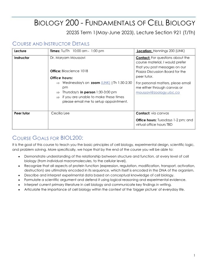 Fundamentals of Cell Biology - Course Goals and Details