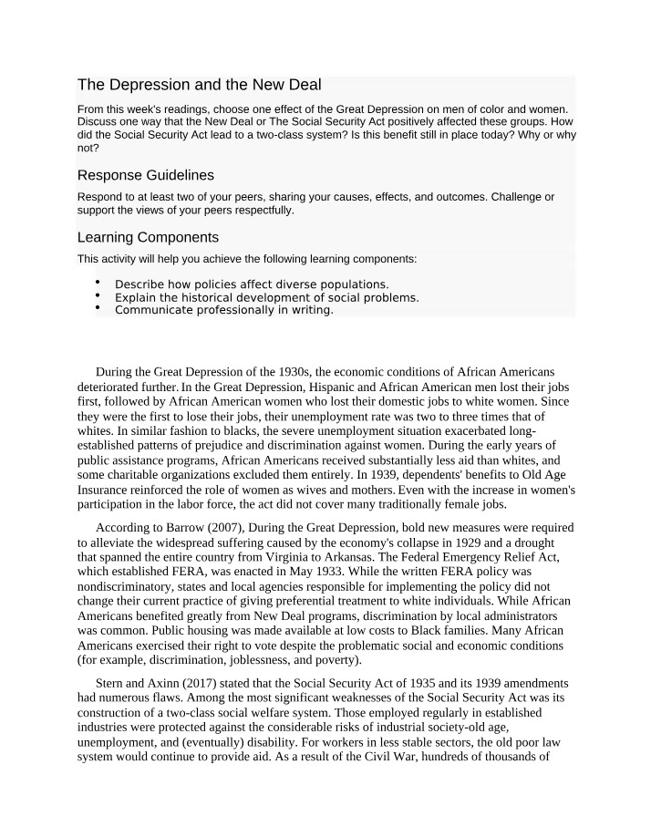 Impact of the Great Depression on Men and Women of Color