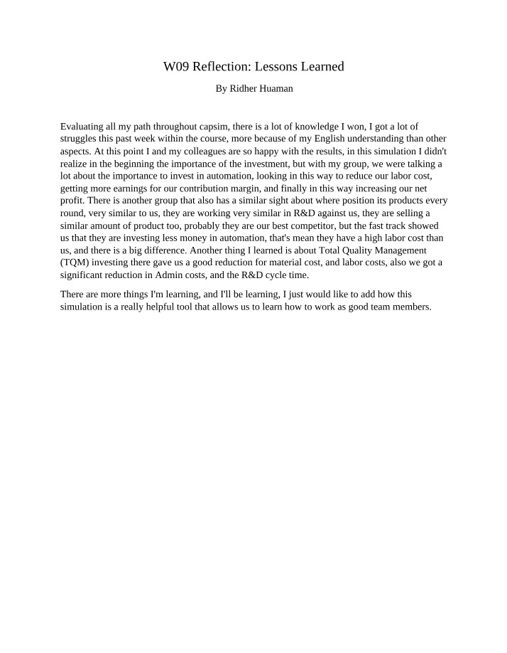 W09 Lessons Learned Reflection
