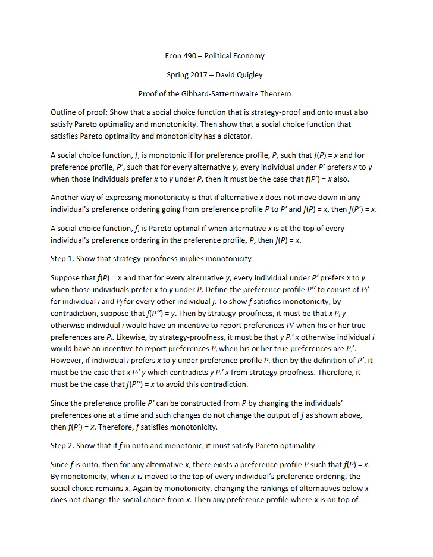 Proof Gibbard Satterthwaite Theorem (Econ 490)
