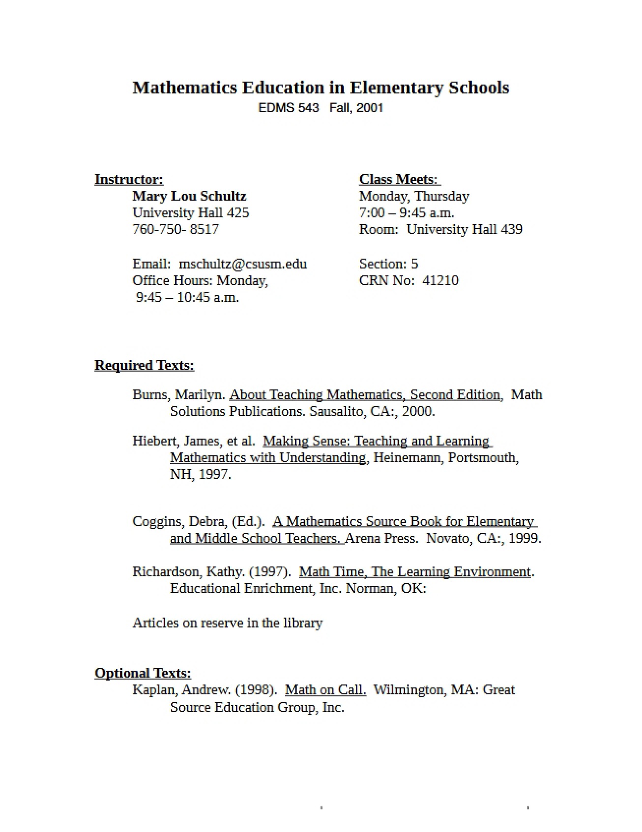 Elementary School Math Education Syllabus V2