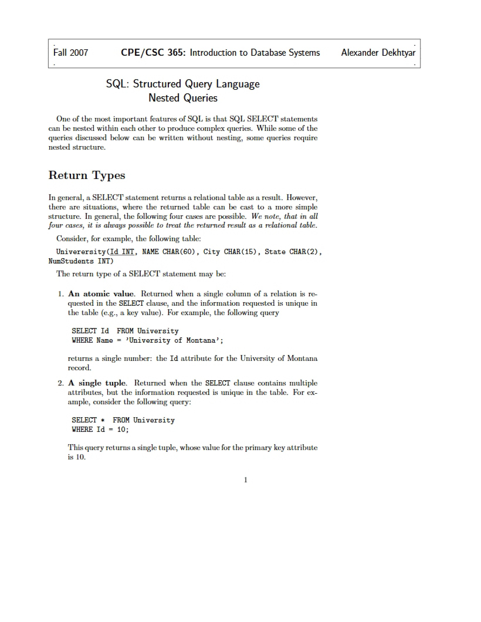 Lecture 11 - Database Systems