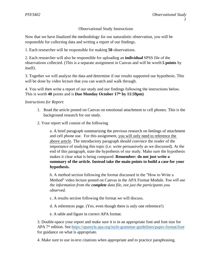 Observational Study - Instructions, Data Collection, and Analysis