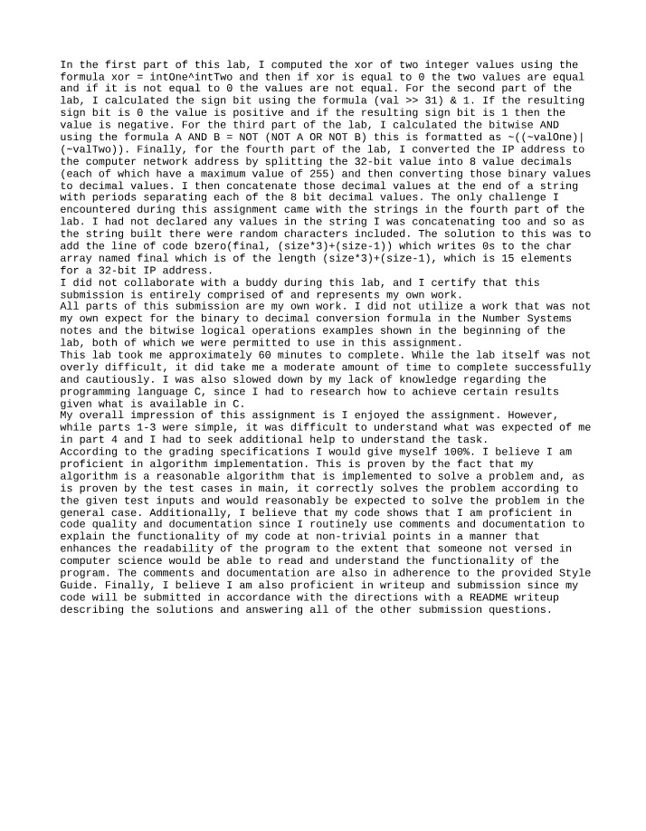 XOR, Sign Bit, Bitwise AND, and IP Address Conversion Lab in C