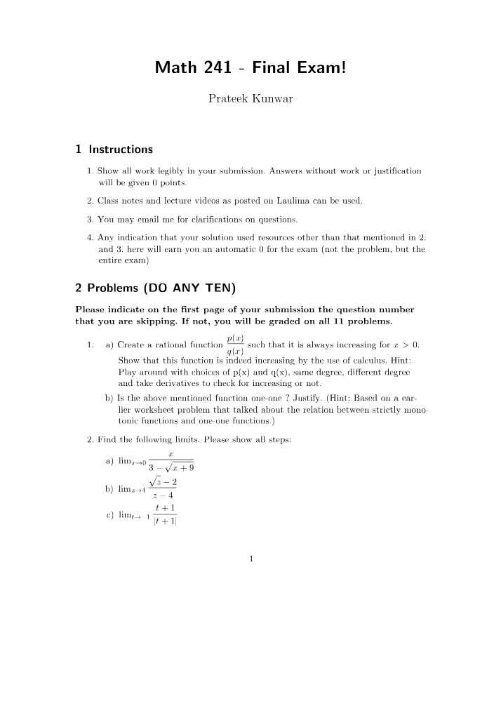 Final Exam for Math 241