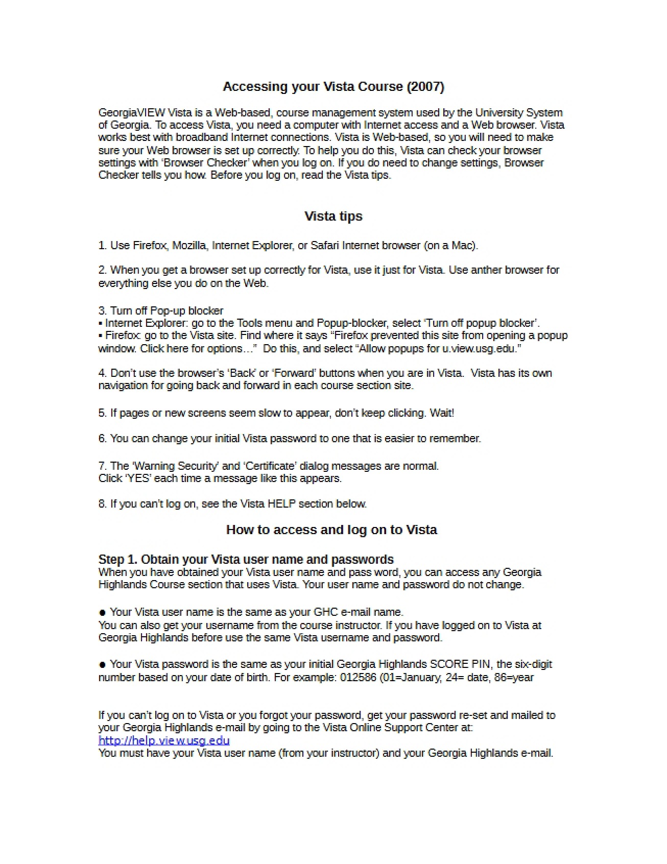 Instructions for the Vista Program