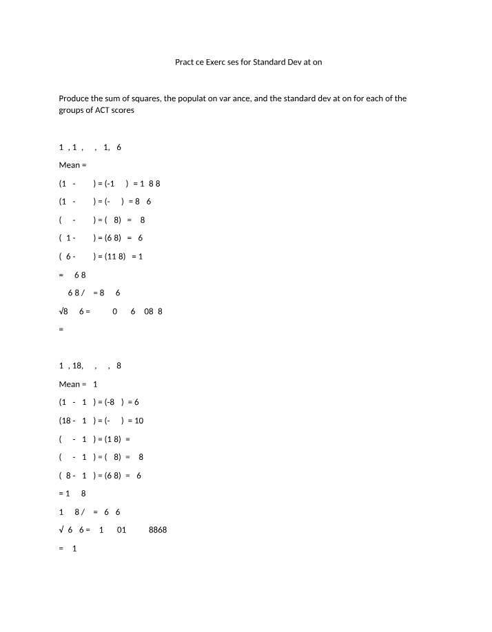 Practice Exercises for Calculating Standard Deviation of ACT Scores