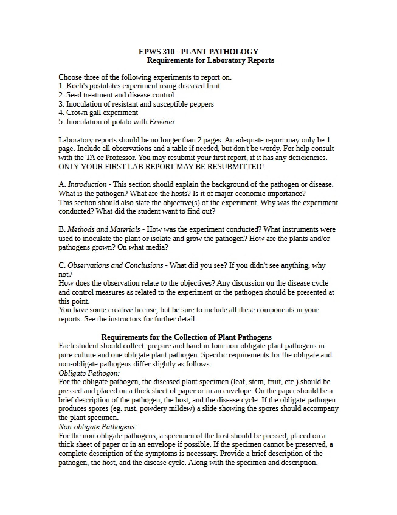 Laboratory Report for a Plant Pathology Course