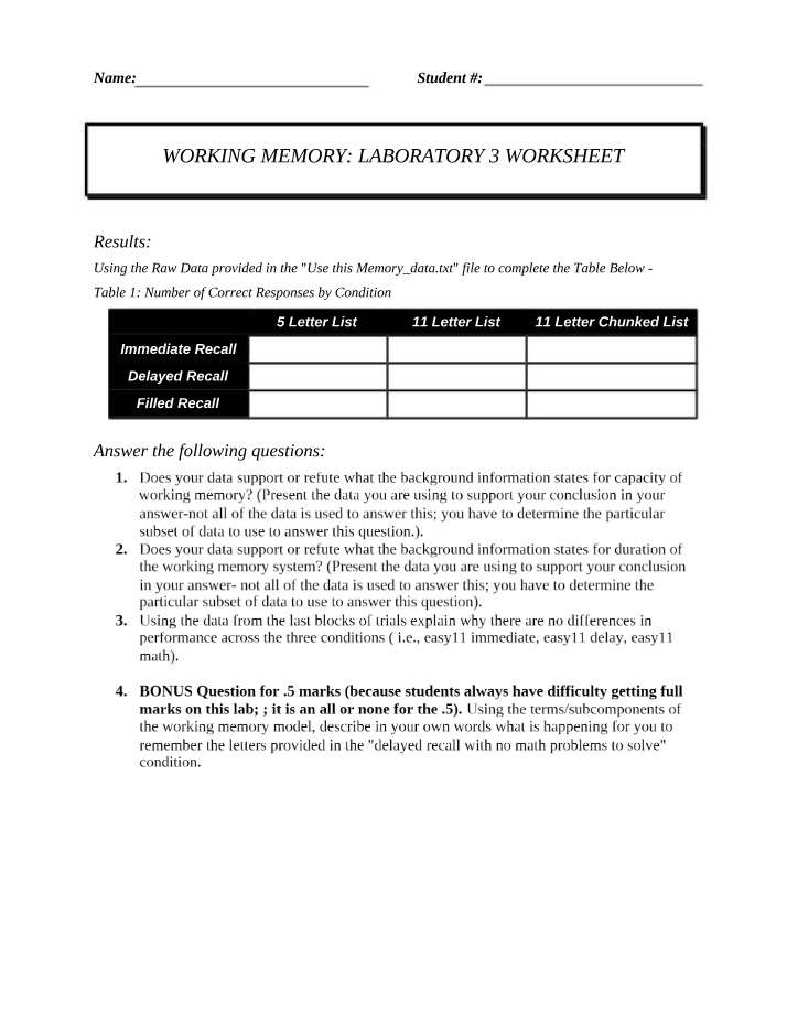 Working Memory Worksheet - Laboratory 3