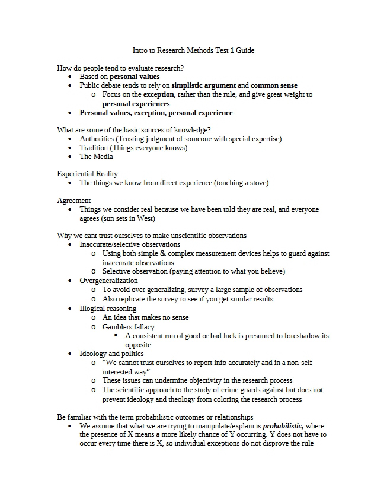 Guide for the First Test in Research Methods
