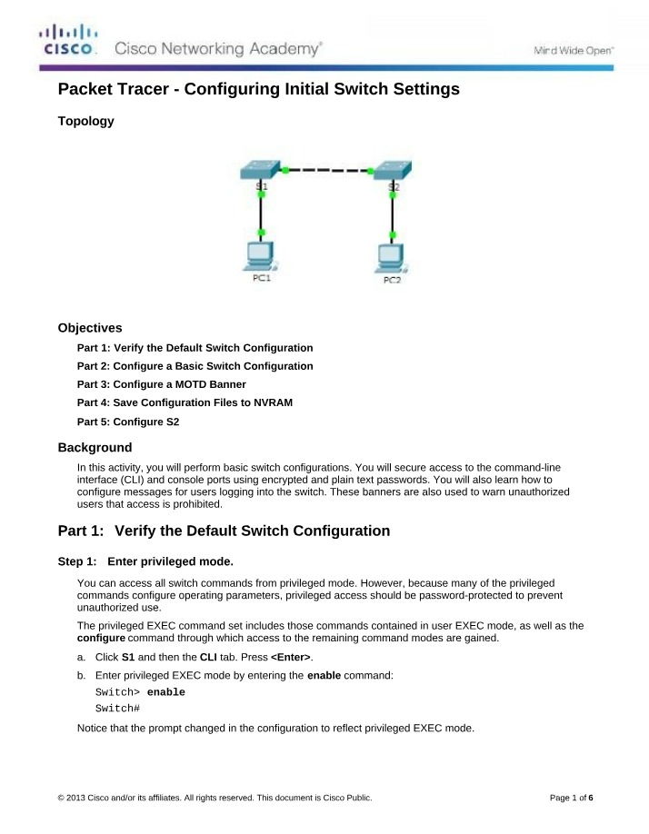Packet Tracer Configuring Initial Switch Settings