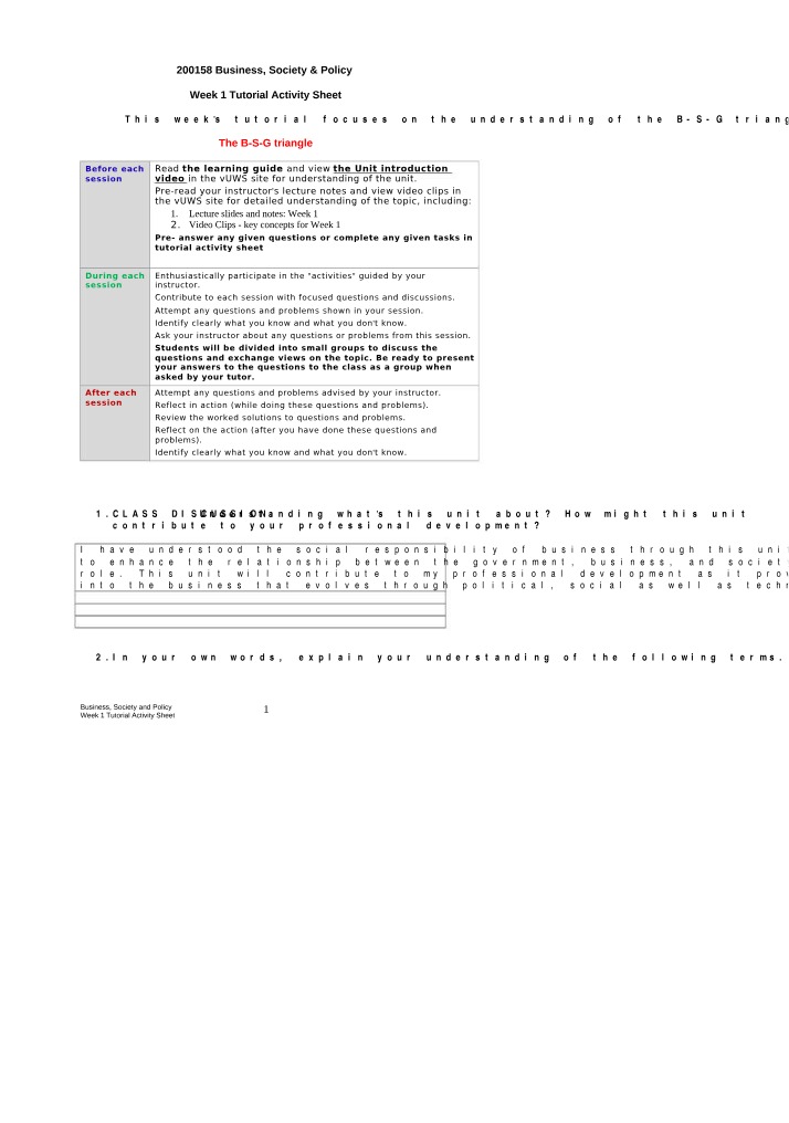 Tutorial Activity Sheet for Week 1