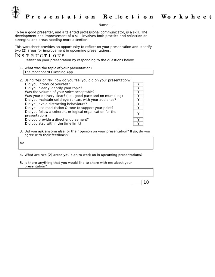 Worksheet for Presentation Reflection