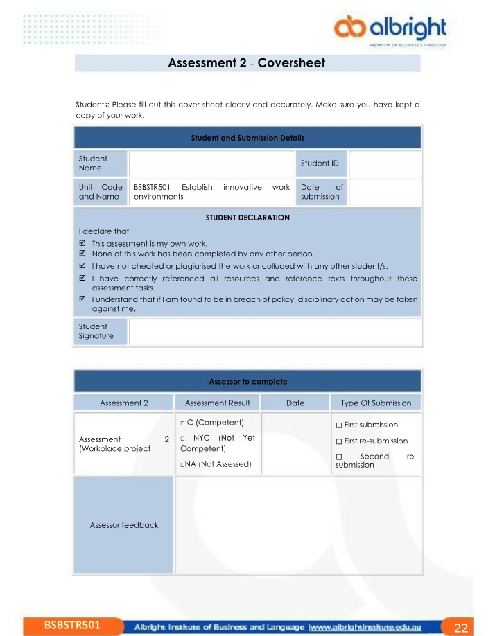 Workplace Project and Coversheet - BSBSTR501 Assessment 2