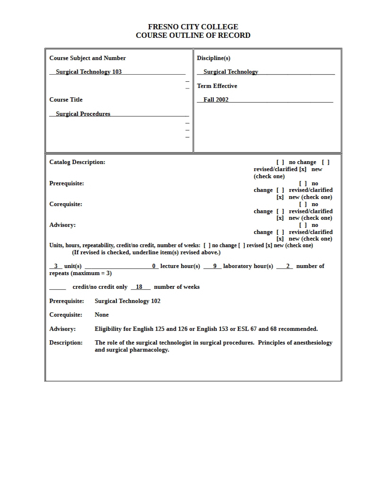 Course Outline Surgical Procedures