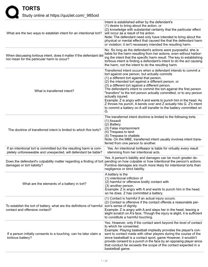 Study Guide for Torts