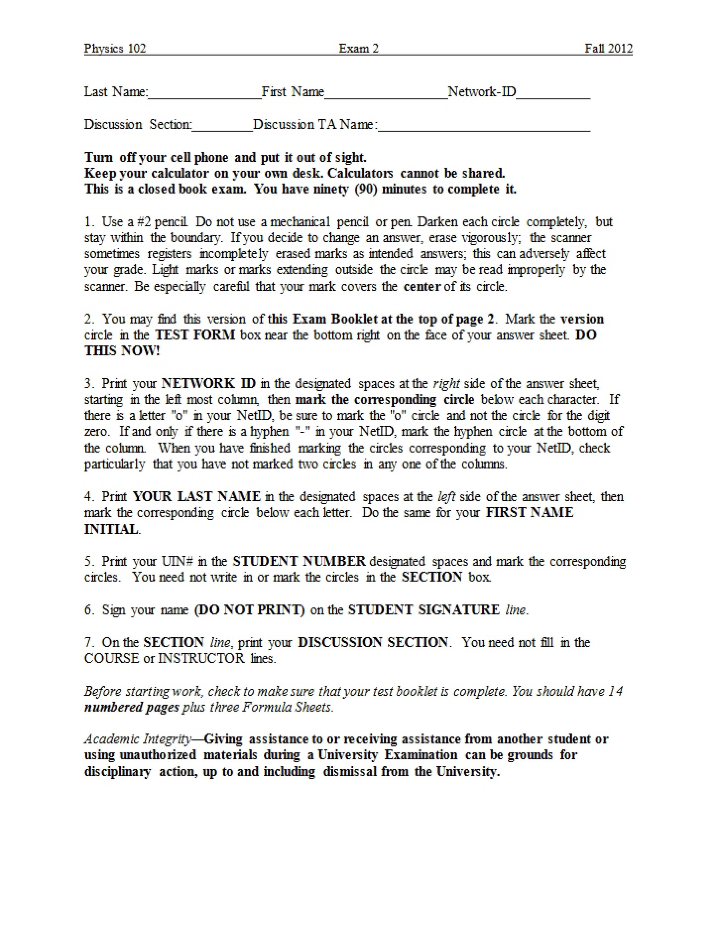 Exam 2 Fall 2012