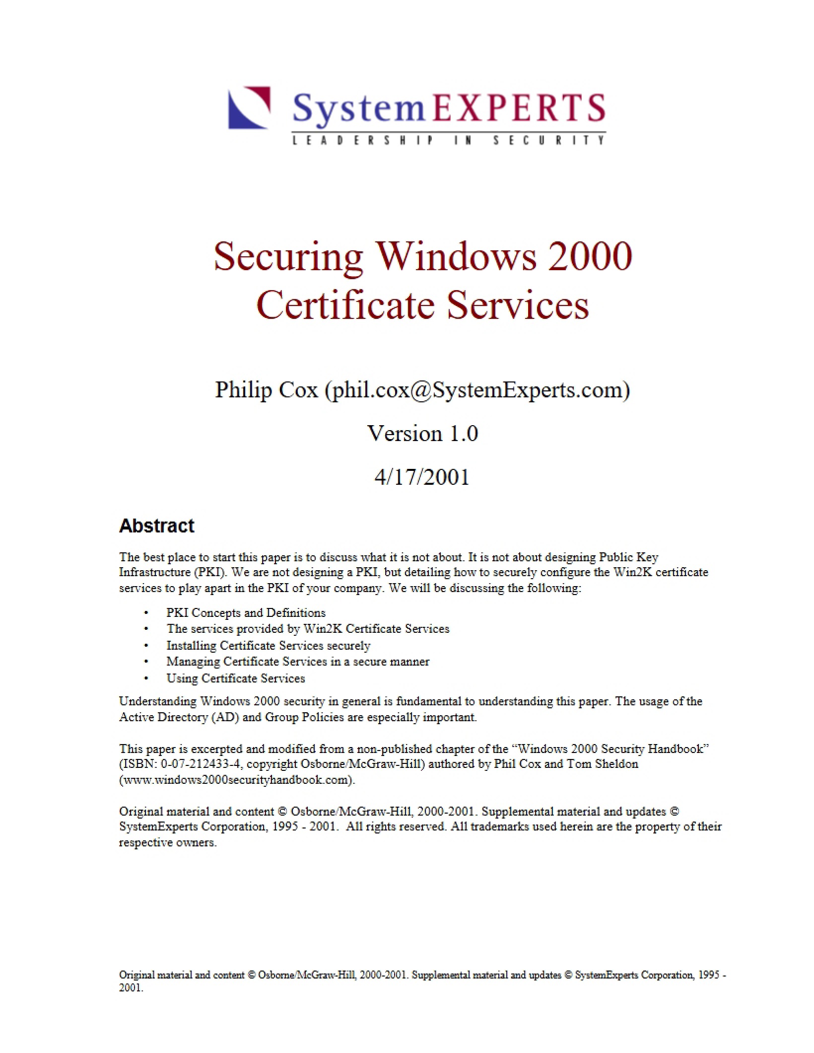 Windows 2000 Certificate Services Security