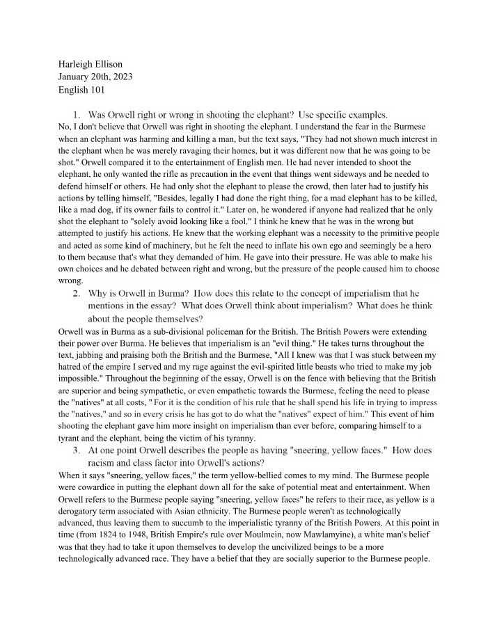 Essay on Orwell's Shooting an Elephant - English 101