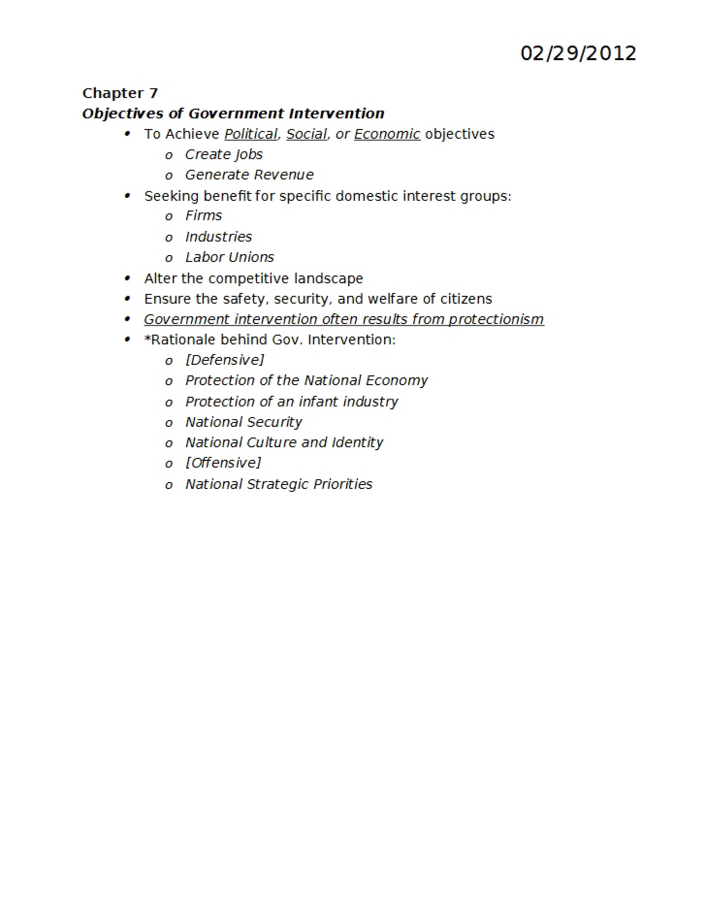 Government Intervention Objectives