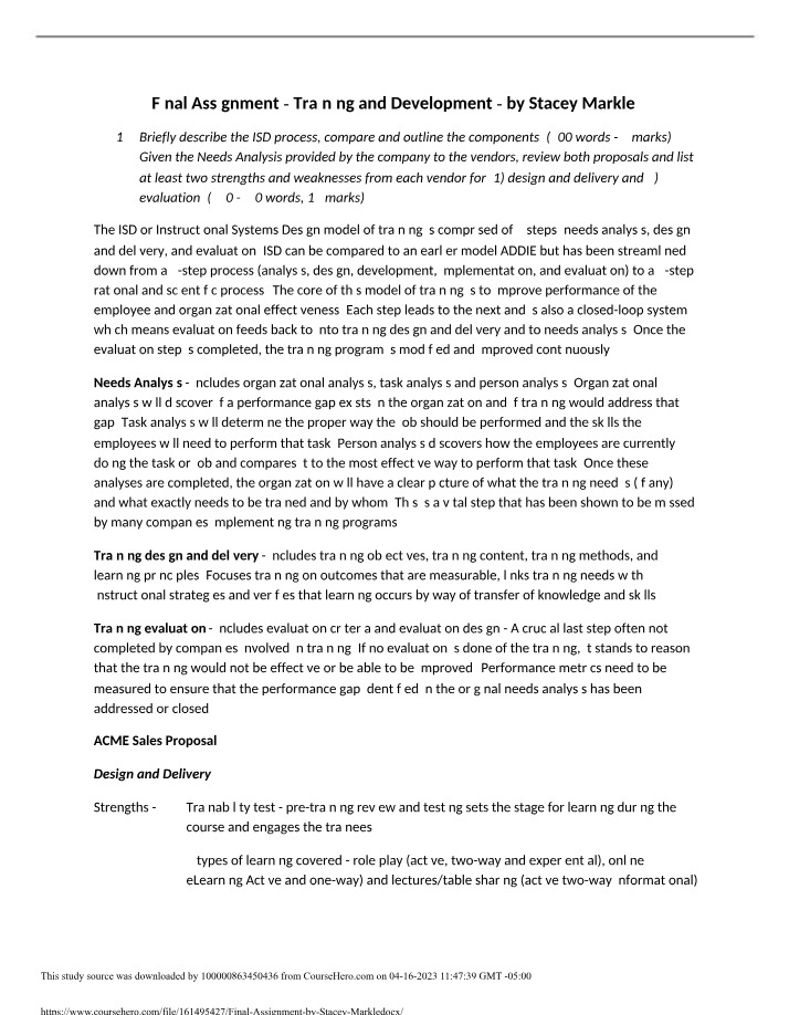 Training and Development - Final Assignment