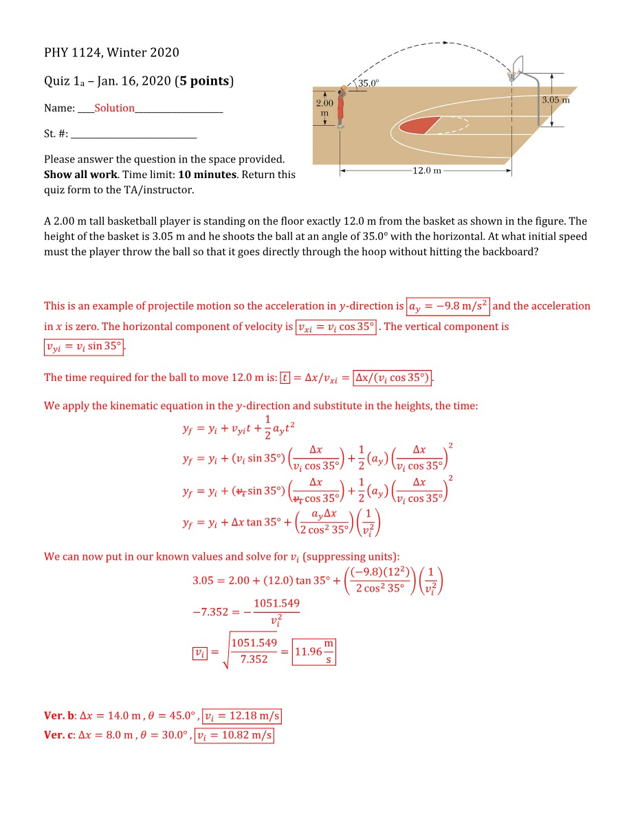 PHY 1124 Quiz 1a Solutions