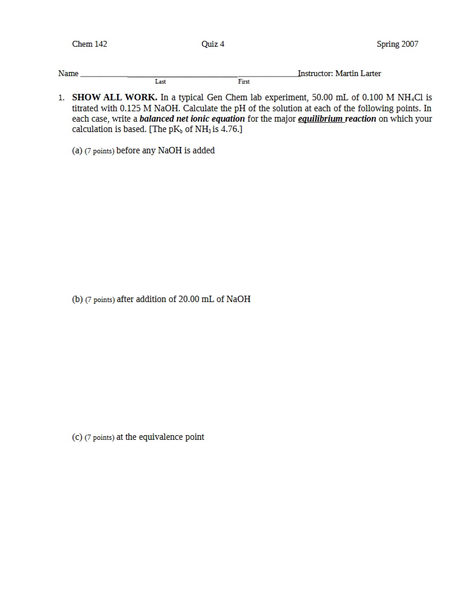 Chem 142 Quiz Number 4