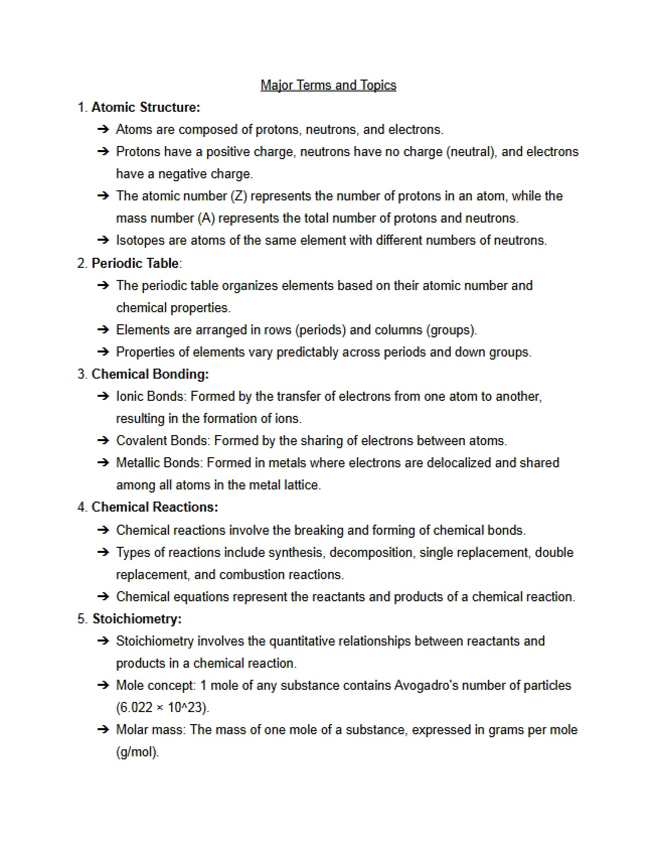 List of Major Terms and Topics for Fundamentals of Chemistry Lab I
