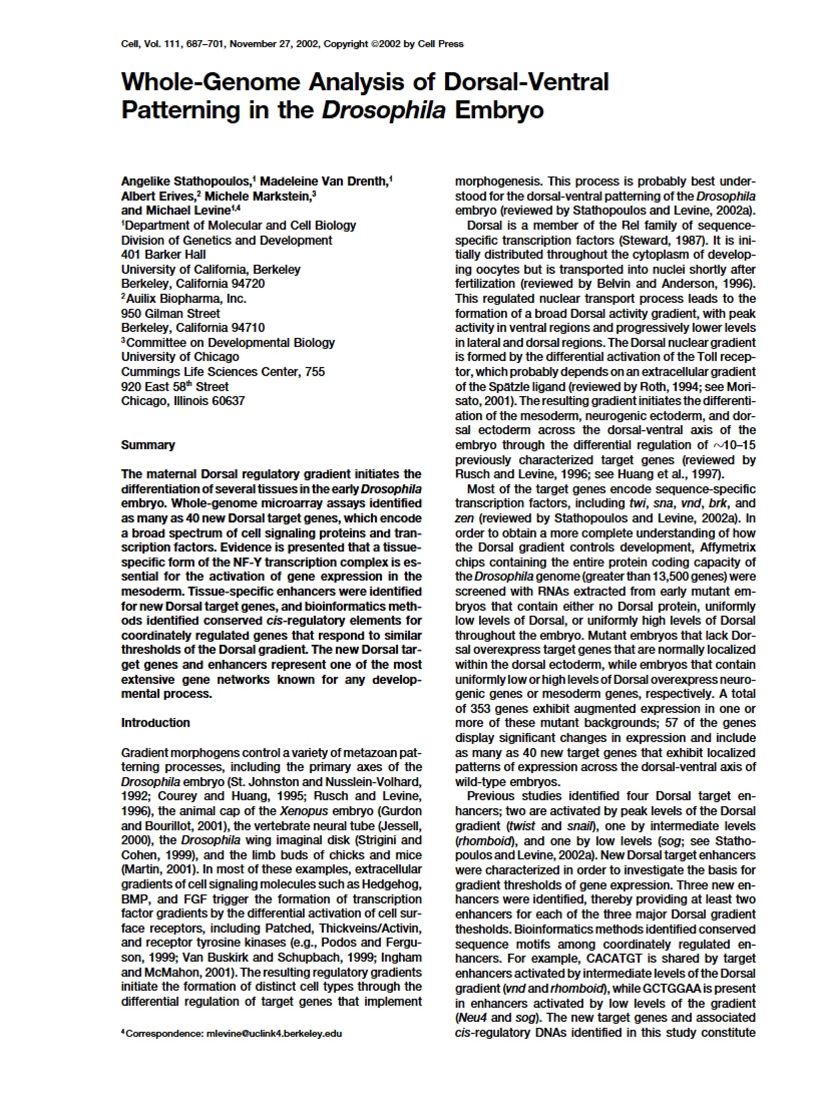 Drosophila Dorsal-Ventral Patterning Whole-Genome Analysis