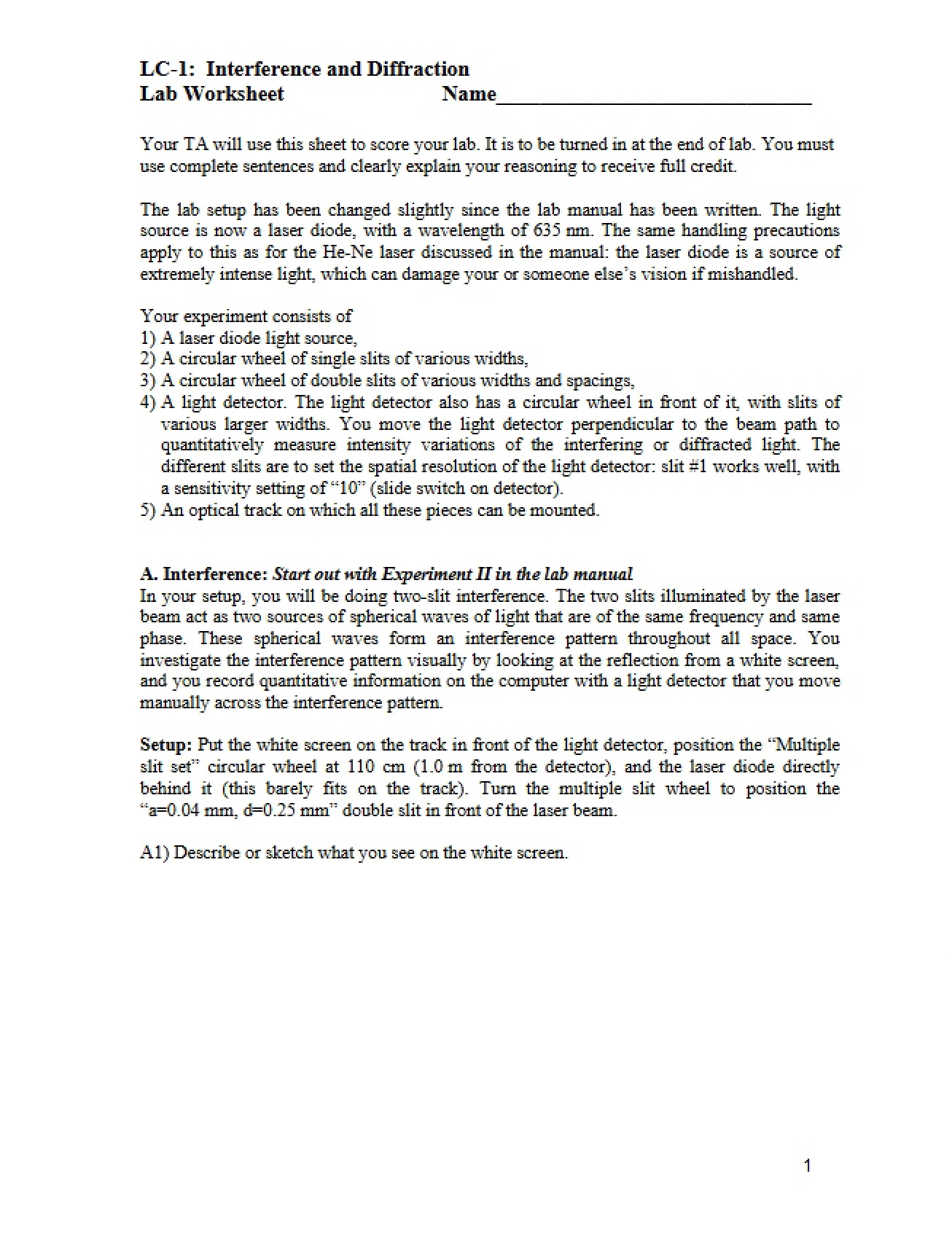 Diffraction and Interference Lab Worksheet
