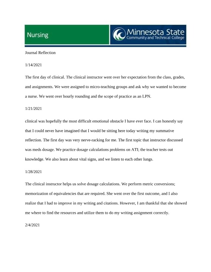 Reflections on Clinical Experience - Learning and Challenges