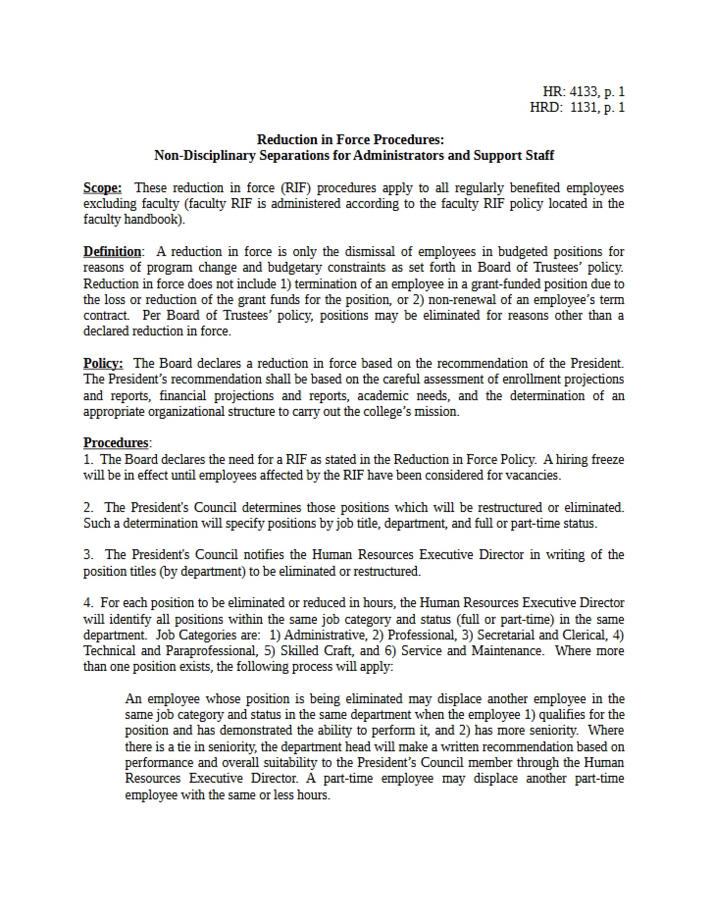Procedures for Force Reduction