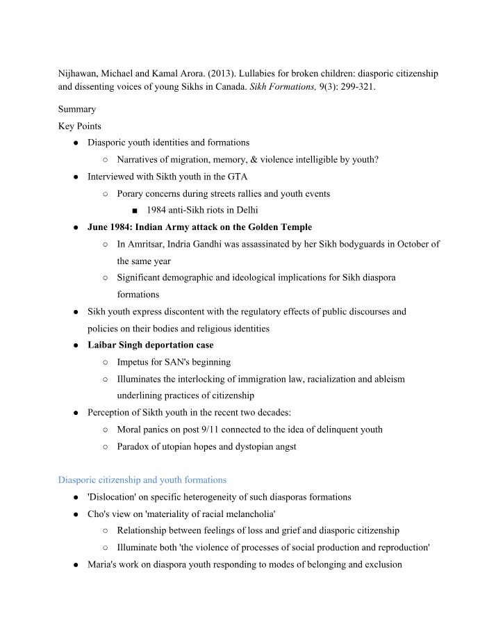 Notes on Diasporic Citizenship and Dissenting Voices of Sikh Youth