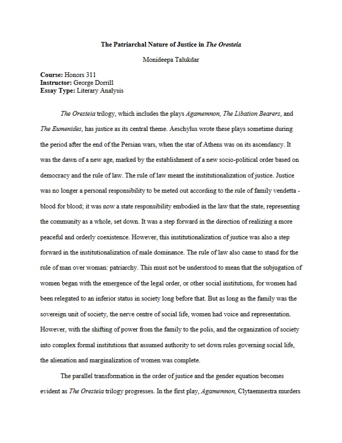Analysis of the Patriarchal Nature of Justice in the Oresteia