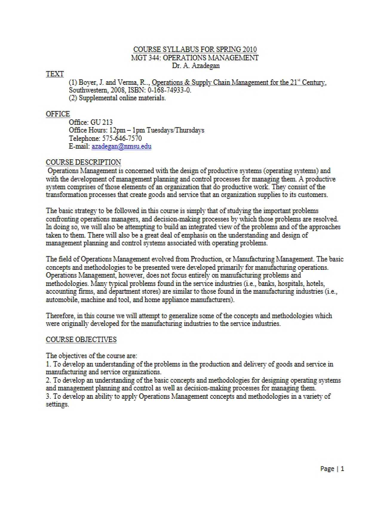 Production and Operations Management Syllabus - Spring 2010 - Azadegan