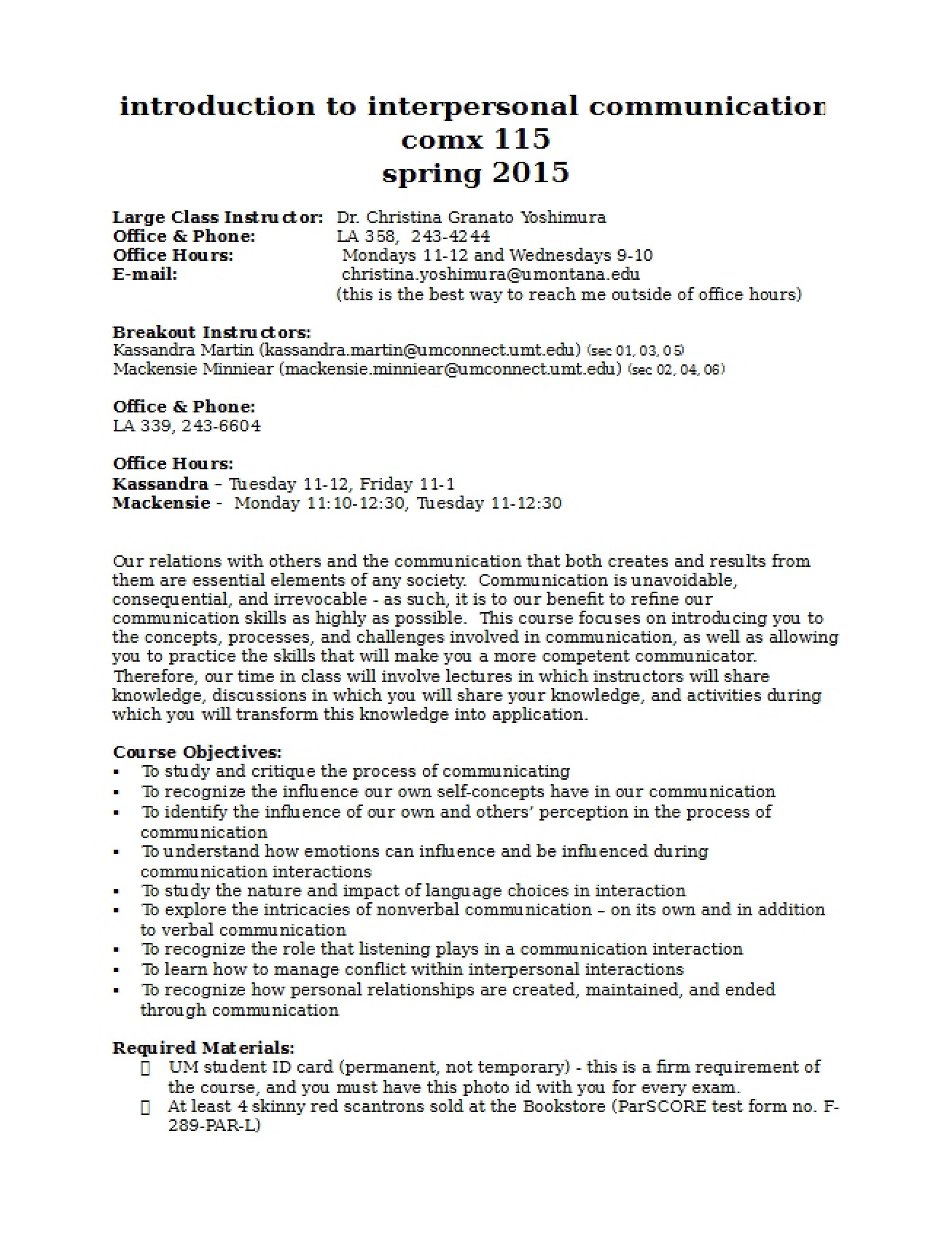 Syllabus for Interpersonal Communication