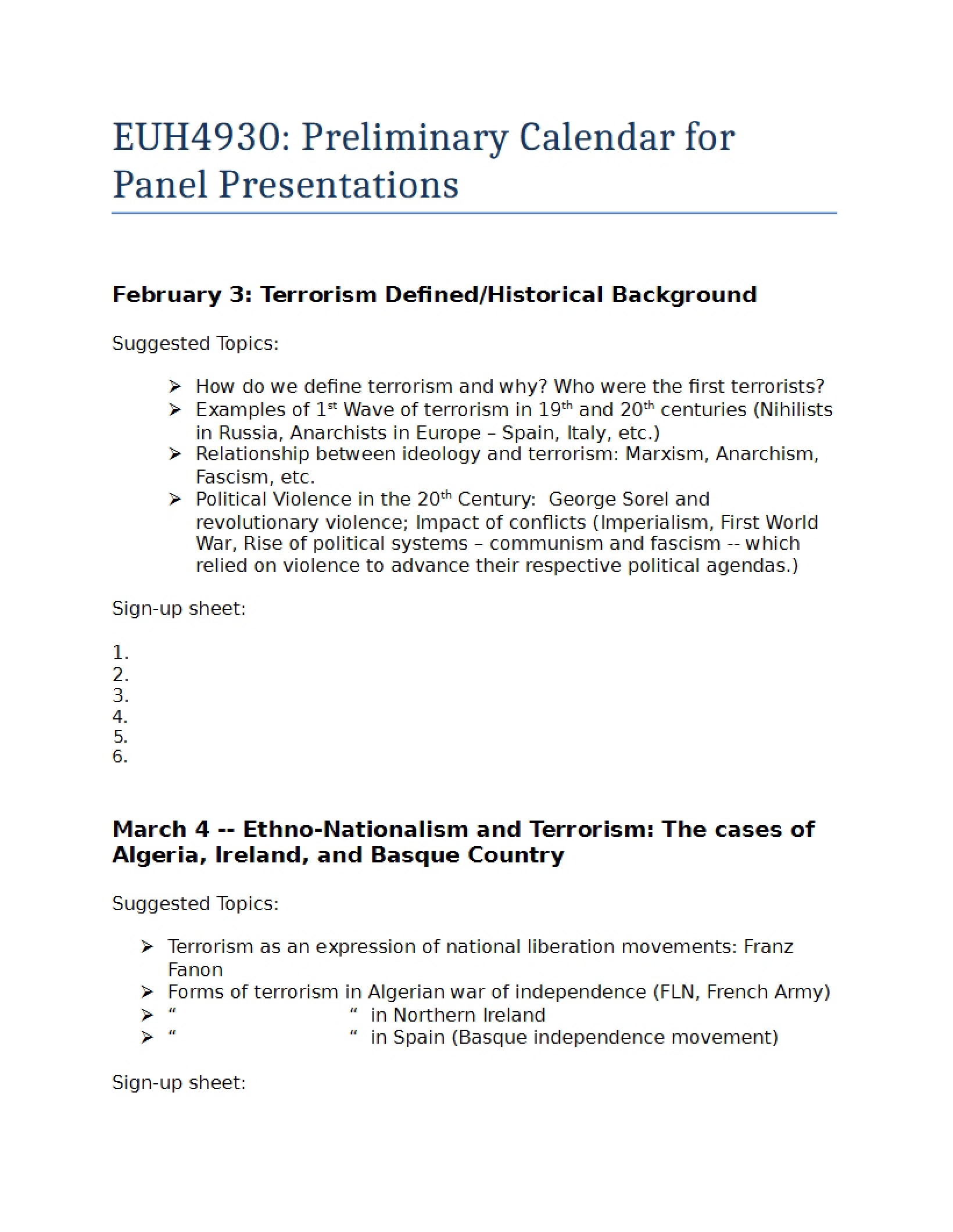Panel Presentations Preliminary Calendar