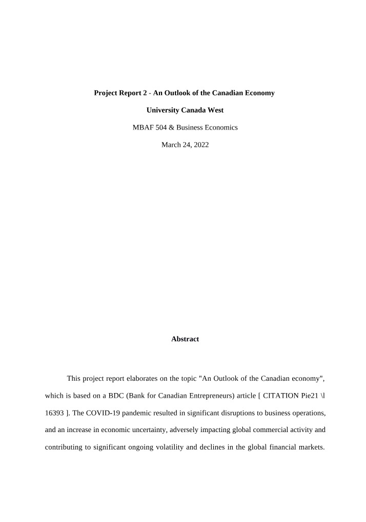 Project Report 2 - Canadian Economy Outlook
