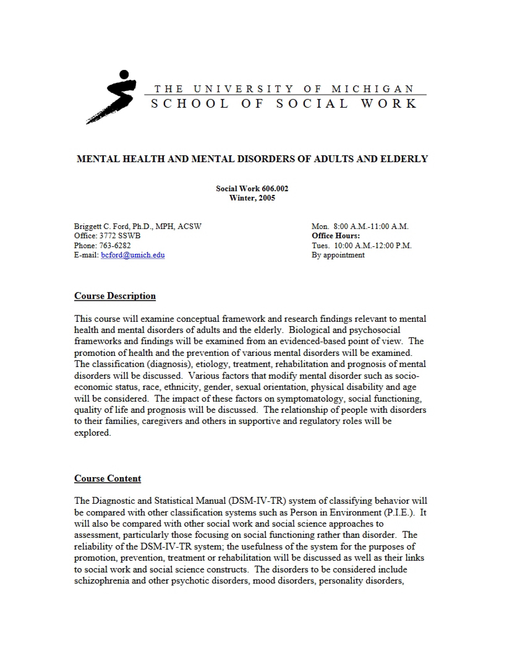 Adult Mental Health Course Outline