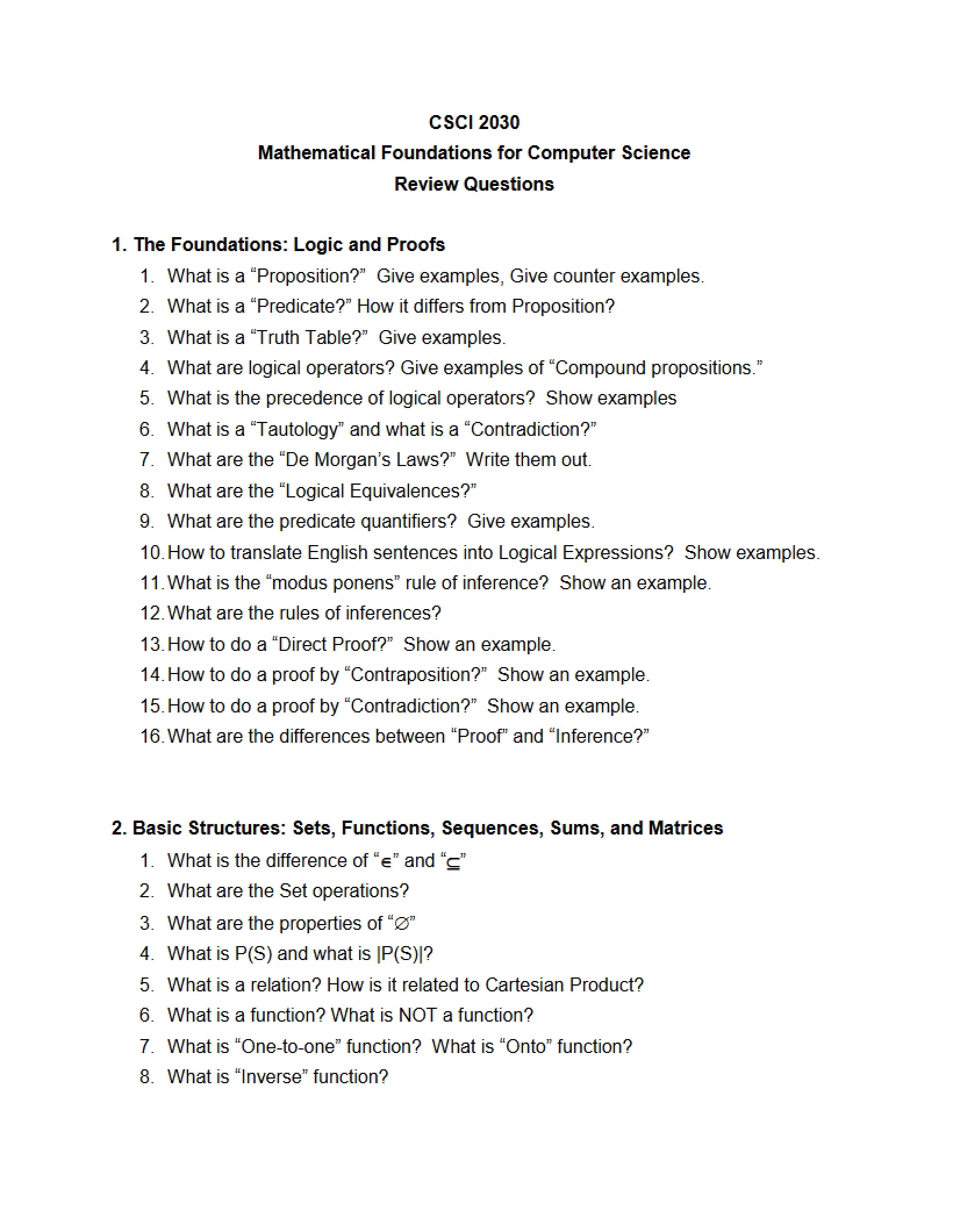 Review Questions Computer Science Math