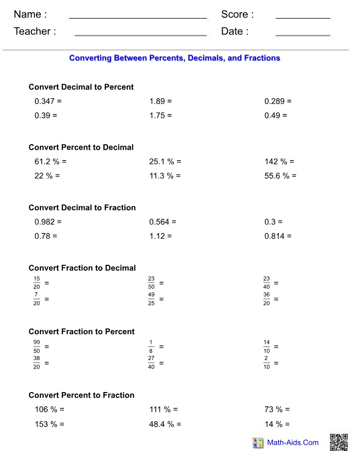 Worksheet on Percentage Conversion