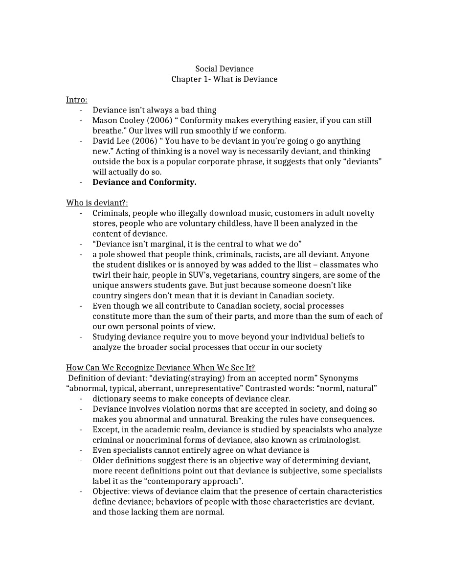 What is Deviance - Social Deviance Chapter 1