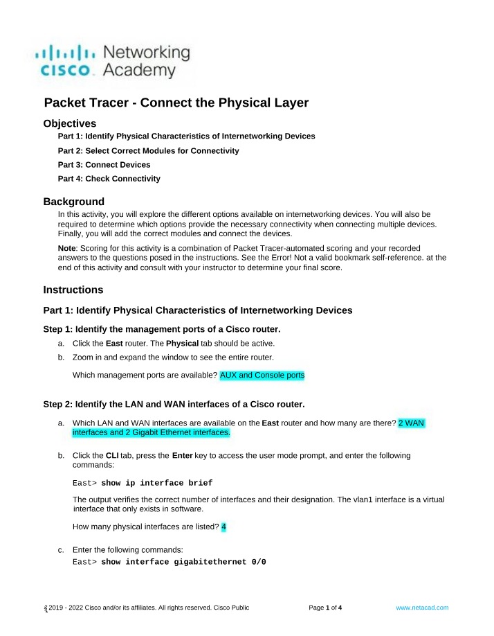 Physical Layer Connection - Packet Tracer