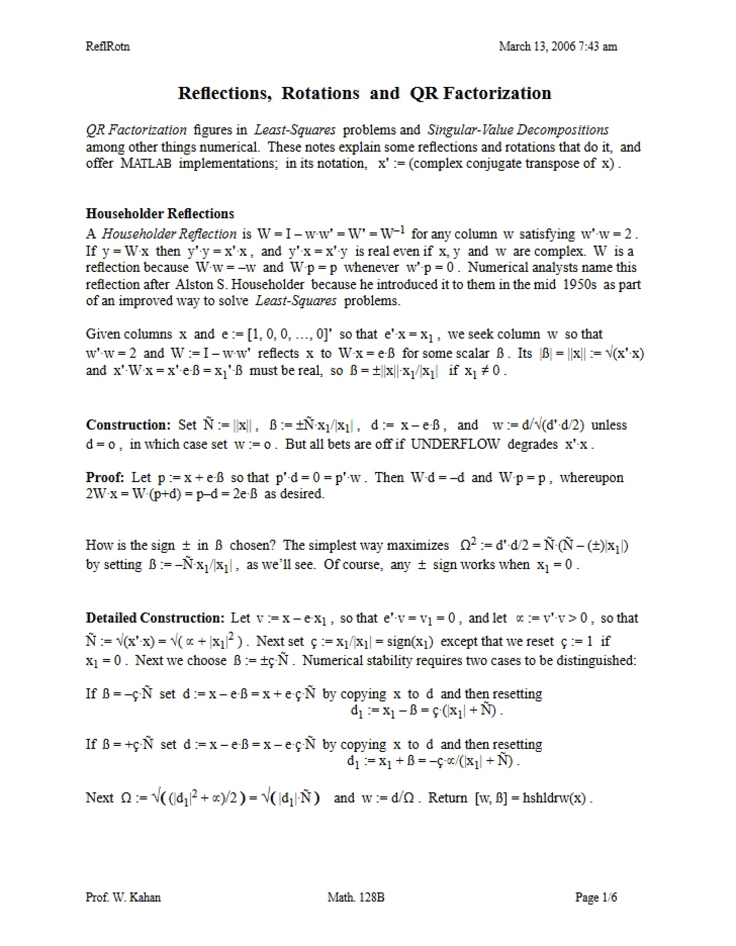 QR Factorization, Rotations, and Reflections