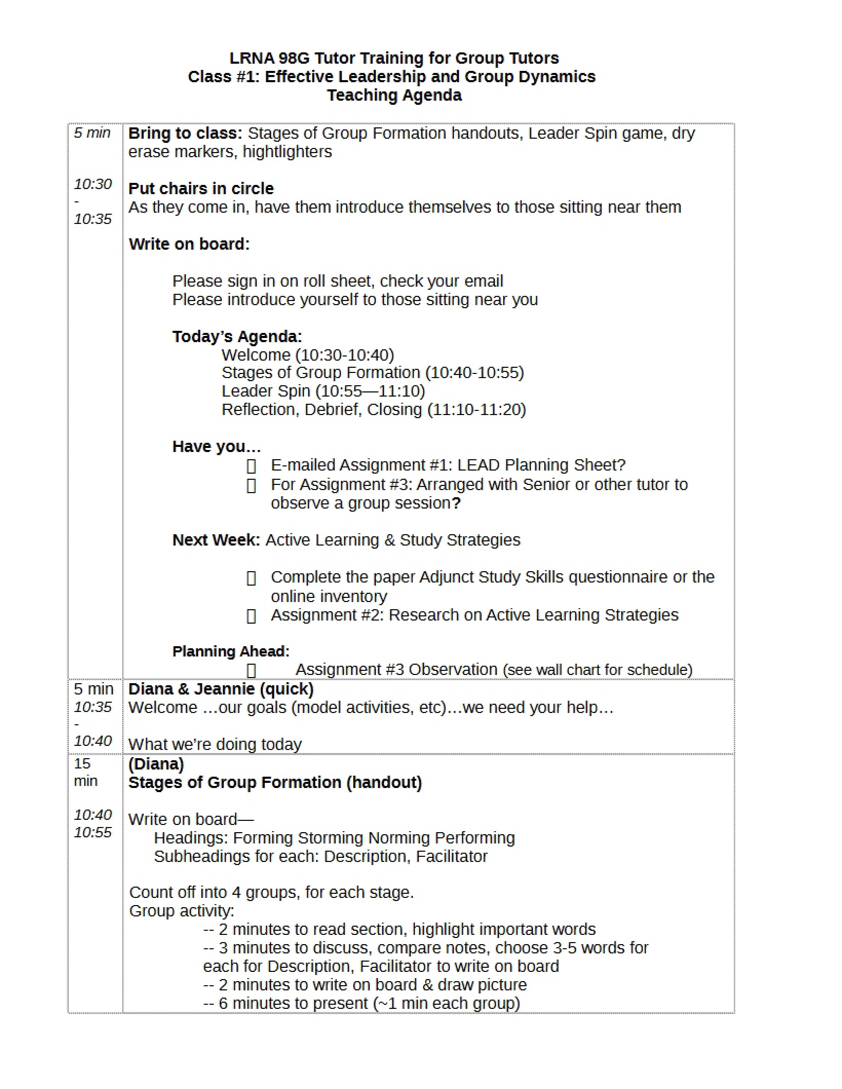 Teaching Agenda for Class 1 Group Dynamics and Leadership