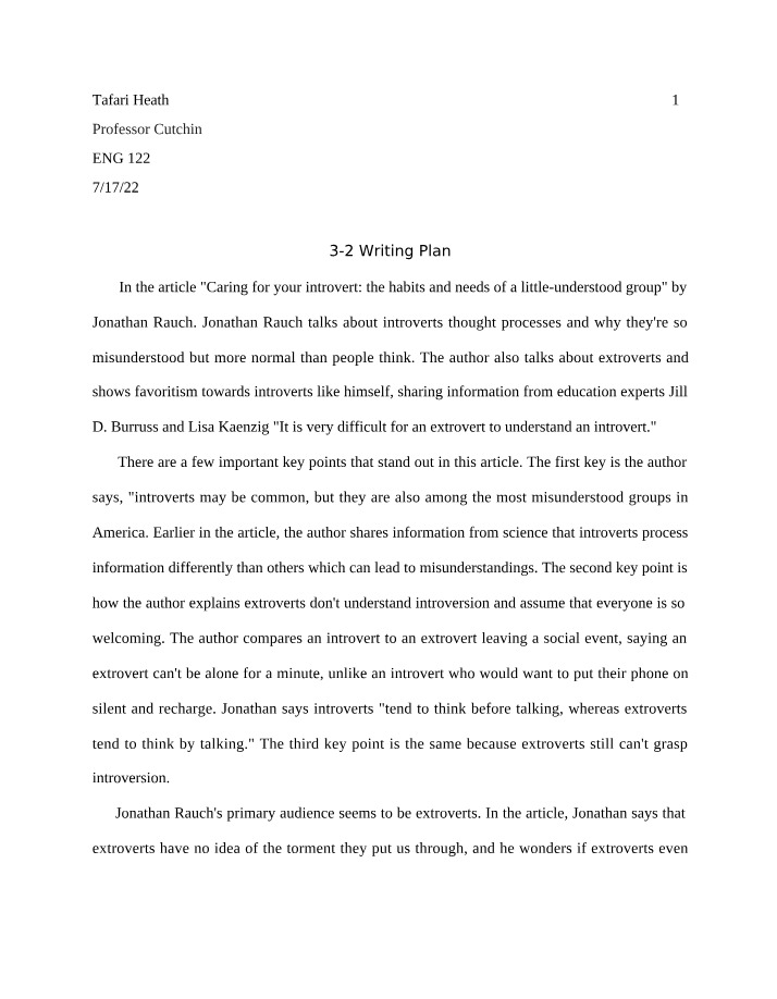 Writing Plan for Understanding Introverts